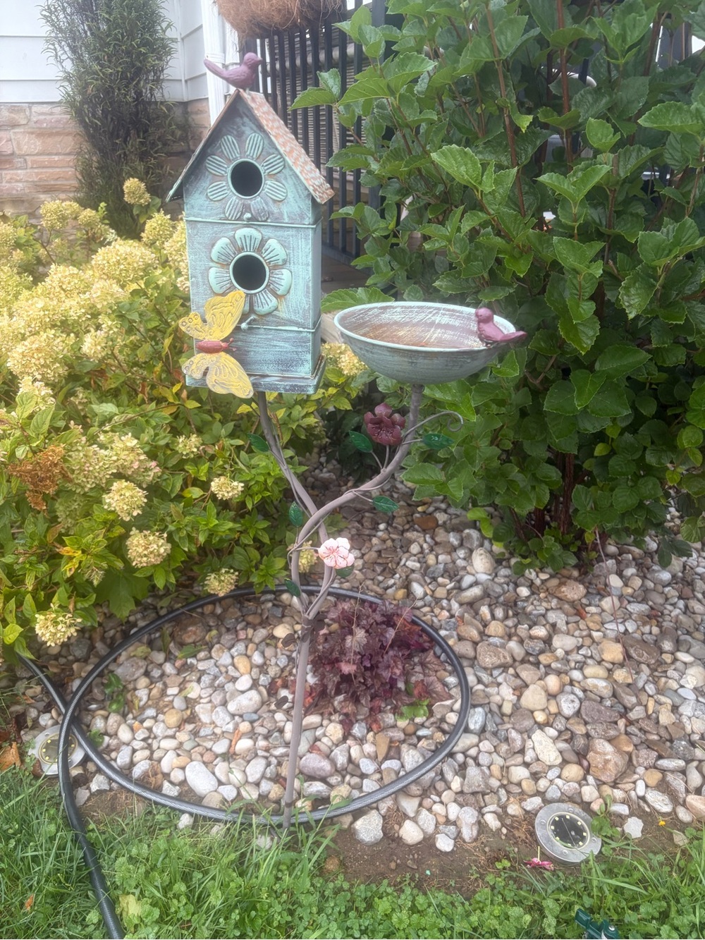 Teal Metal Birdhouse with Integrated Bird Bath - Decorative Garden Accent